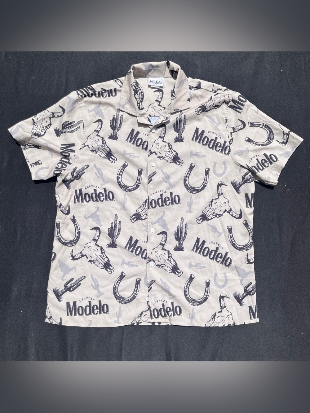 Cerveza Modelo Beige and Black Graphic Button-Down Shirt Mens Size Large